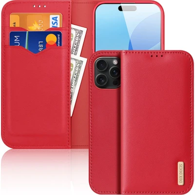 Afbeelding van Dux Ducis Hivo Hoesje Geschikt voor Apple iPhone 16 Pro Max RFID Book Case Ruimte Pasjes en Briefgeld Standaard Rood