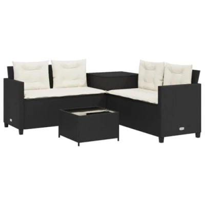 Afbeelding van Tuinbank met tafel en kussens L vormig poly rattan zwart