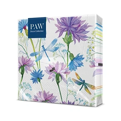 Image de PAW Serviette Papier 3 Plis 33 x cm 20 pièces de Table Idéal pour les Journées Portes Ouvertes, Garden Parties, Événements Familiaux (Flower With Dragonfly)