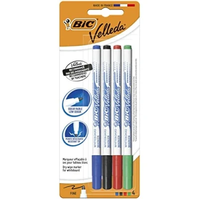 Afbeelding van Viltstift Bic Velleda 1721 whiteboard rond fijn assorti blister à 4 stuks