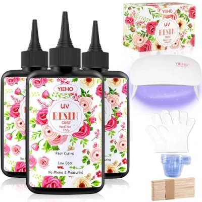 Afbeelding van YIEHO UV hars, 300 g, set met verbeterd licht, kristalhelder, drogend, hard epoxyhars, voorgemengd, voor kunsthandwerk, sieraden en sieraden, lamp.