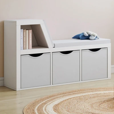 Image de Bibliothèque banc OSCAR 4 cases avec coussins gris et bacs tissus 102 cm blanc