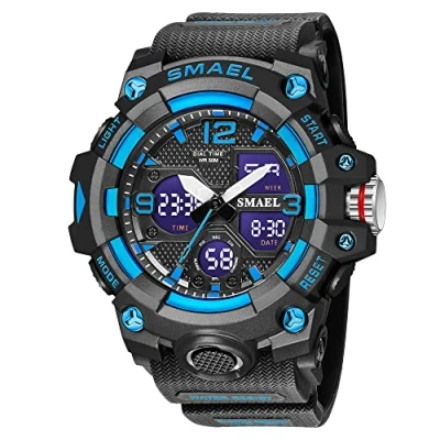 Afbeelding van AIMES Herenhorloge, waterdicht, outdoor, sport, militair, digitaal, analoog, datum, multifunctioneel, led, grote wijzerplaat, alarm en stopwatch, voor heren, C blauw zwart, Waterdicht militair