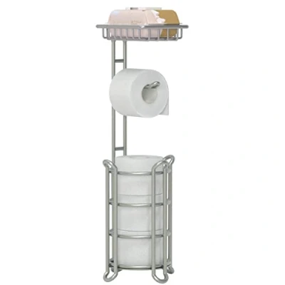 Afbeelding van Toiletpapierdispenser op standaard, zilverkleurig met extra plank voor badkameropslag, geschikt megarollen, telefoons en doekjes