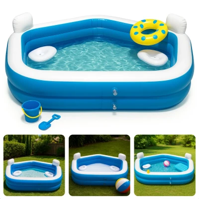 Afbeelding van Cheqo Vijfhoekig Opblaasbaar Familiezwembad Zwembad Opblaasbad PVC Bad Met Loungestoelen en Bekerhouders