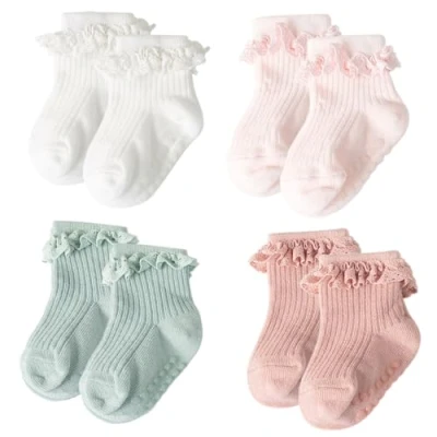 Afbeelding van DRESHOW kanten striksokken voor baby&#039;s, geklede sokken van kant, pasgeborenen en meisjes, 4 paar set B01
