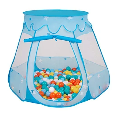 Afbeelding van Selonis Tent 105 x 90 cm, 100 ballen, kasteel met kunststof ballenbad voor kinderen, blauw: wit, geel, oranje, babyblauw, turquoise