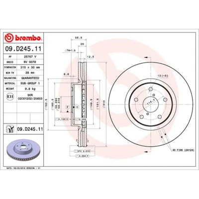 Afbeelding van BREMBO 09.D245.11 Remschijf 315 30 5 interne ventilatie Gecoat SUBARU: Levorg I, Outback IV, WRX Saloon