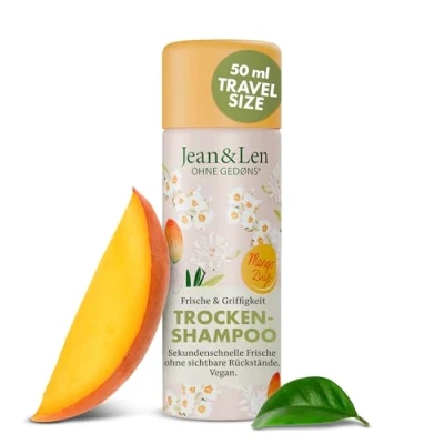 Afbeelding van Jean &amp; Len Mini droge shampoo, fris en hechtend, geen vettige wortel, witte resten, fruitige geur met mango, voor alle haartypes, reisformaat, zonder parabenen siliconen,
