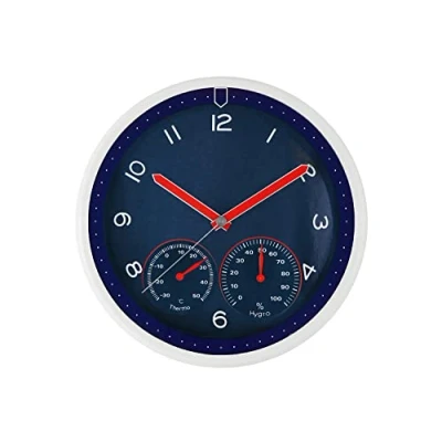 Afbeelding van MPM Quality Design wandklok van blauw kunststof, stappenmotor, hygrometer, thermometer, temperatuur en vochtigheidsweergave, originele wijzerplaat, ∅ 314 x 45 mm, E01.3084.30