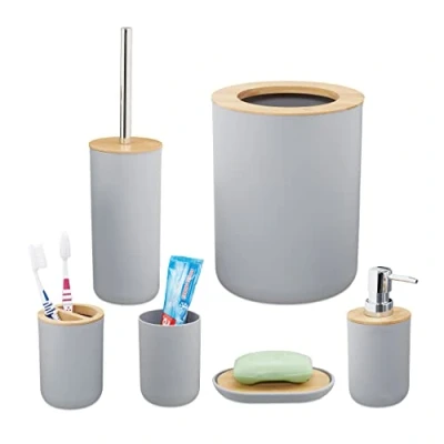 Afbeelding van Relaxdays 6 delige badkameraccessoires set bamboe badkamerset toilet accessoires grijs