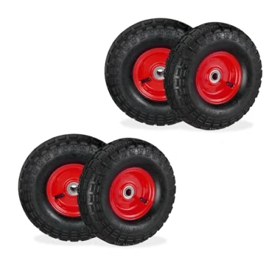 Afbeelding van Relaxdays steekwagenwiel set van 4 3.50 luchtband rubber autoventiel 16 mm zwart rood