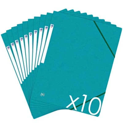 Image de Oxford Topfile+ Lot de 10 Chemises Cartonnées 3 Rabats Format A4 fermeture Elastiques Pochettes Couleur Bleu Aqua