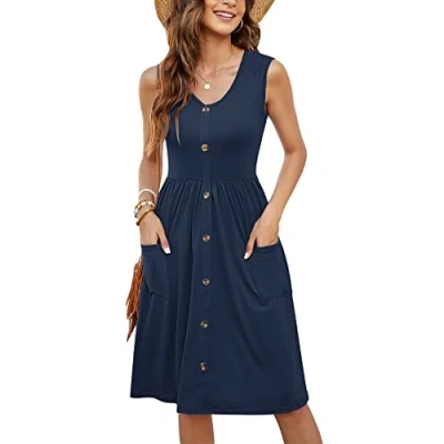 Afbeelding van MOLERANI Mouwloze lange jurk met diepe V hals, los, effen, lang, Navy Blauw
