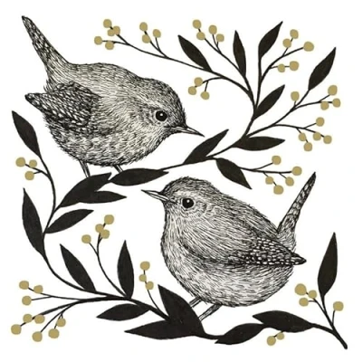 Afbeelding van 1 Pakje papieren lunch servetten Nightingale Vogels 20 Zwart Wit Goud