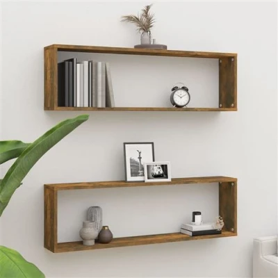 Afbeelding van Wandschappen kubus 2 st 100x15x30 cm bewerkt hout gerookt eiken