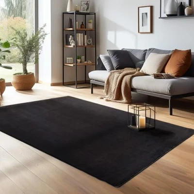 Afbeelding van Modern laagpolig tapijt, effen kleur, antislip, wasbaar, zacht, zwart, 240 x 340 cm
