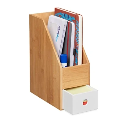 Afbeelding van Relaxdays tijdschriftencassette tijdschriftenhouder met lade bureau organizer bamboe