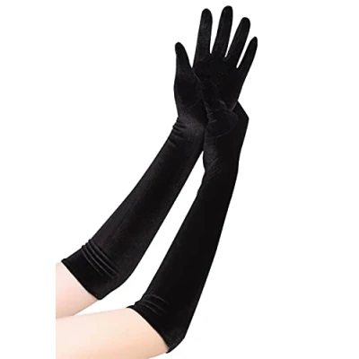 Afbeelding van EORUBE Lange operahandschoenen voor dames, fluwelen handschoenen uit de jaren 20, rekbaar, ellebooglengte, Halloween kostuum, zwart.