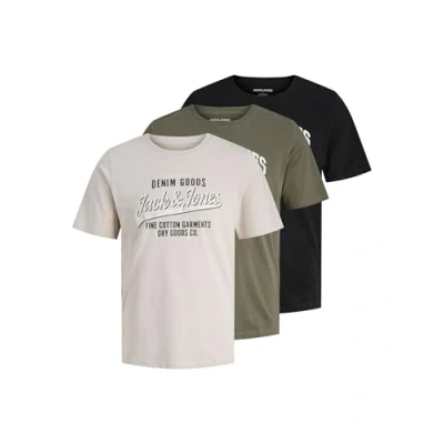 Afbeelding van Jack &amp; Jones CREW NECK 3 pack Tshirt print, Heren, Maat: XXL, Dusty olive wmoonbeam black