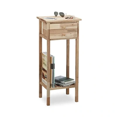 Afbeelding van Relaxdays Bijzettafel van notenhout met lade, 2 legplanken, telefoontafel, hoge houten tafel 80 x 35 30 cm (h b d), naturel