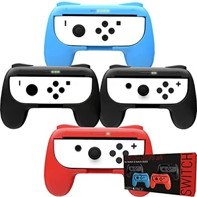 Afbeelding van Orzly Grips (Poignées) Compatible avec Nintendo Switch Joy Cons pour Plus De Confort Quad Pack (2X Noir 1XRouge 1XBleu) Super Smash Bros Ultimate