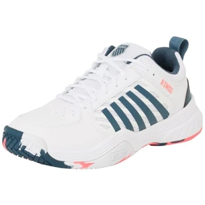Afbeelding van K Swiss Court Express 2 tennisschoenen, uniseks, kinderen, White Stargazer Neon Blaze, 35 EU