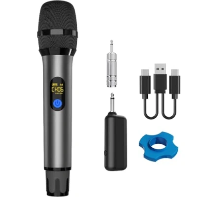 Afbeelding van VOVIGGOL UHF draadloze microfoon met oplaadbare ontvanger voor karaoke machine, bruiloft, DJ, feest, toespraak, kerk, klas, grijs