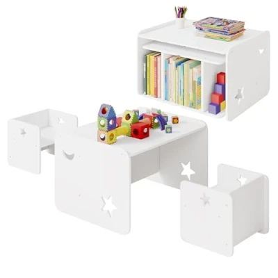 Afbeelding van WOLTU SG029ws kindertafel en stoelset, 3 delig, voor kinderkamer, speelkamer, kleuterschool, eetkamer, witte met 2 stoelen,