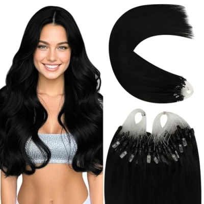Afbeelding van YoungSee Haarextensies, micro ring, zwart, 45 cm, extensions, ringen, Remy haar, glad, koud Easy Loop, koud, bruin, 50 strengen/50 g
