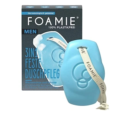 Afbeelding van Foamie douchegel en shampoo voor heren, met watermunt citroen, vaste douche gezichtsreiniging, verfrissende geur, doucheverzorging huid haar, 90 g