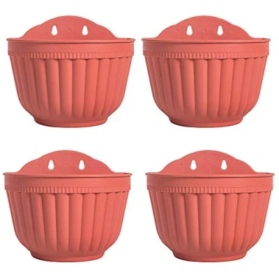 Afbeelding van Set van 4 baksteenrode verticale hangende bloempotten voor in de tuin, woonkamer, raam, bloemenmand keuken, kruiden, balkon, balustrade, plank, schutting, slaapkamer, etc.