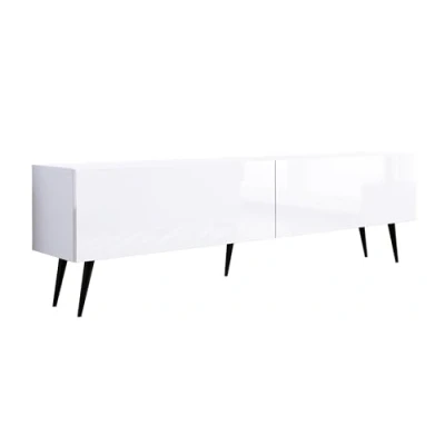 Afbeelding van Meuble TV : deux portes, étagères, Couleur blanc mat/blanc brillant, pieds noirs D L 170 cm, H 52 P 32 cm