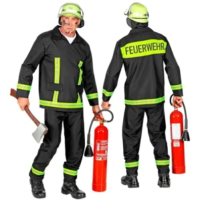Afbeelding van Widmann Brandweer Kostuum Brandweerman Feuerwehr Huizenhoge Vlammen Geel, Zwart Large Carnavalskleding Verkleedkleding