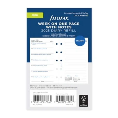 Afbeelding van Filofax Mini agenda 2025 weekplanner met notities in 4 talen