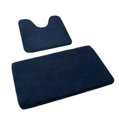 Afbeelding van Rururug Set van 2 afwasbare microvezel antislip badmatten voor badkamer en toilet marineblauw 50 x 80 cm + 40