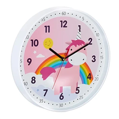 Afbeelding van Relaxdays unicorn klok wandklok eenhoorn kinderklok regenboog met cijfers meisjes