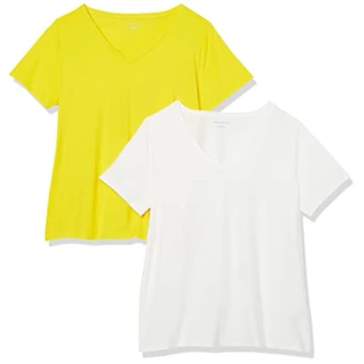 Image de Amazon Essentials Lot de 2 t shirts à manches courtes et col en V pour femme, coupe classique, blanc/jaune citron, taille 1X