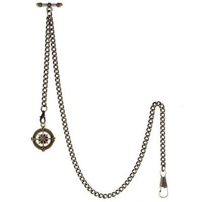 Afbeelding van TREEWETO Albert T Bar Pocket Horloge Ketting met Antieke Kompas Hanger en 2 Vest Knoopsgat Haken Brons, Brons