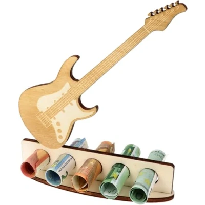 Afbeelding van WORTGEFECHTE XL houten gitaar cadeau idee grappige geschenkverpakking grappig geldcadeau voor vrouwen en mannen muzikanten lint maken (gitaar)