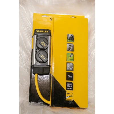 Afbeelding van Stanley Stekkerdoos voor buiten, aardspies, 2 stopcontacten met penaarde (type E), klapdeksel, kabel 5 m, IP44, zwart/geel/zilver