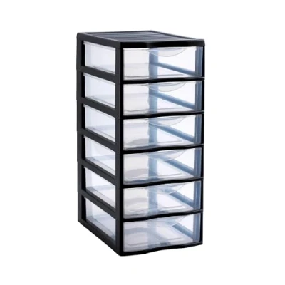Afbeelding van SUNDIS Orgamix 4549004 Opbergtoren, 6 laden, formaat A4, zwarte kast en transparante met stopsysteem bij laden ergonomische handgrepen,