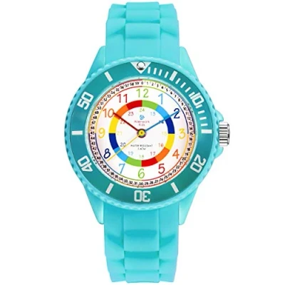 Afbeelding van Alienwork Kinderhorloge van leer, uurwerk voor jongens en meisjes om te leren klokkijken, waterdicht 5 ATM