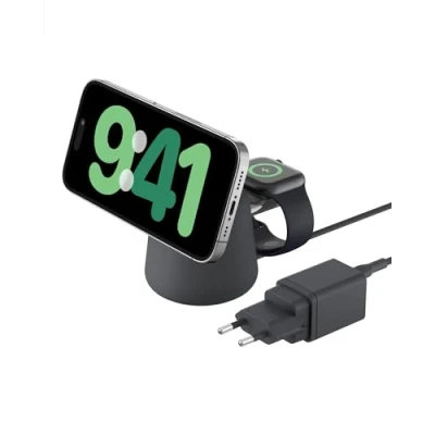 Afbeelding van Belkin BoostCharge Pro 2 in 1 Draadloze oplaadstandaard met Qi2 + netadapter 15 Watt Fast Charge houtskool
