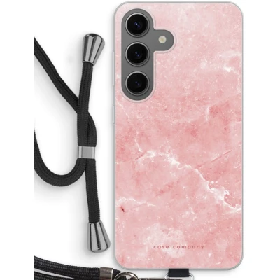 Afbeelding van Case Company® hoesje met Koord geschikt voor Samsung Galaxy S24 Roze marmer Telefoonhoesje Zwart Bescherming aan alle Kanten en Over de Schermrand