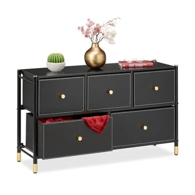 Afbeelding van Relaxdays stalen ladekast 5 stoffen lades dressoir zwart lage halkast op pootjes