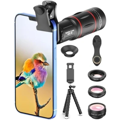 Afbeelding van APEXEL Cameralenset, 18 x monoculaire telescoop, 0,63 groothoek, 15 macrolens, 198 fisheye lens, flexibel camerastatief met afstandsbediening voor iPhone, Samsung en de meeste smartphones