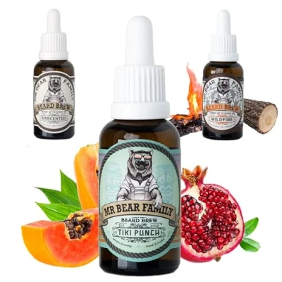 Afbeelding van Mr Bear Family baardolie voor heren, Tiki Punch, baardverzorging, hydraterende baardgroeiolie met jojoba en arganolie, baardverzorging mannen, 30 ml