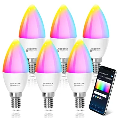 Afbeelding van Aigostar Ledlamp, wifi, E14, SL2, 6,5 W, led, slimme Alexa RGB/2700 K 6500 K, compatibel met Alexa/Google Home, synchroniseren muziek, geen hub nodig, 6 stuks.