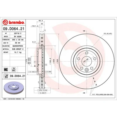 Afbeelding van BREMBO 09.D064.21 Remschijf 350 32 5 interne ventilatie Gecoat High carbon JAGUAR: F Pace, LAND ROVER: Range Rover Velar